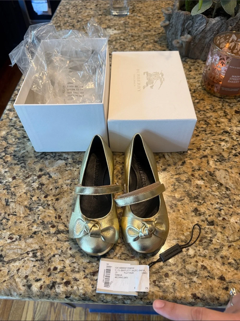 Burberry Girls Metallic Gold Mary Jane Shoes with Bow
